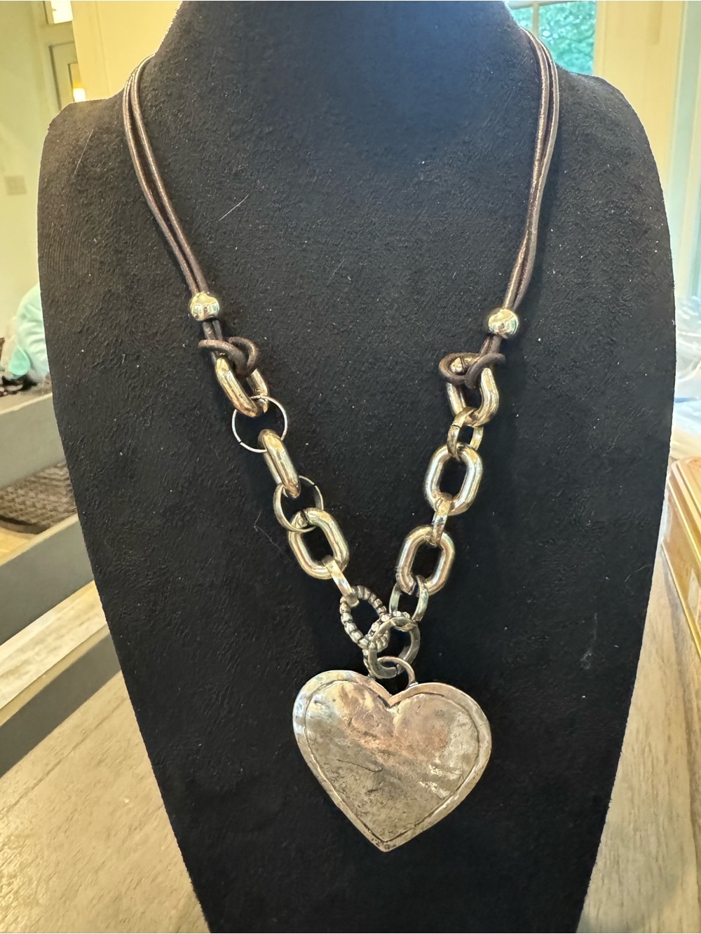 Large Heart Pendant Necklace Silver Tone Chunky Chain Brown Cord Boho Statement